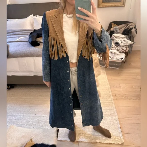 Denim and Tan Fringe Women's Coat - Picture 2 of 10